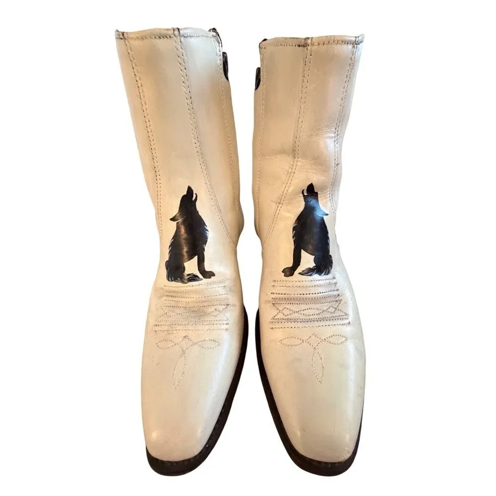 Sears Vintage Mens Hand Painted Coyote Boots Size 8 D Cream Leather Western OOAK